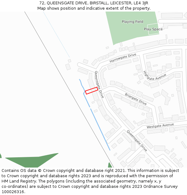 72, QUEENSGATE DRIVE, BIRSTALL, LEICESTER, LE4 3JR: Location map and indicative extent of plot