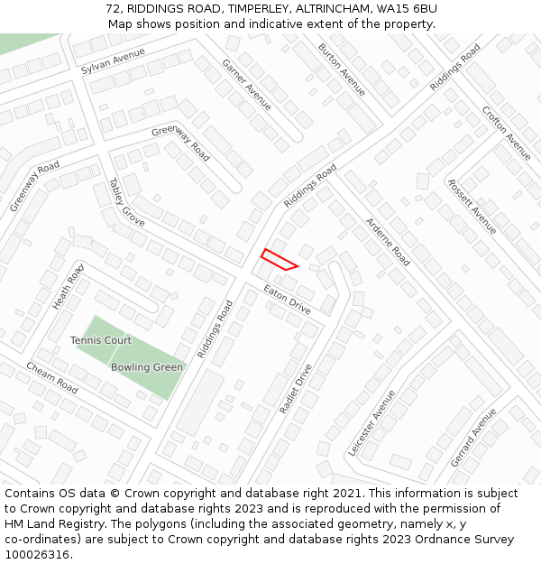 72, RIDDINGS ROAD, TIMPERLEY, ALTRINCHAM, WA15 6BU: Location map and indicative extent of plot