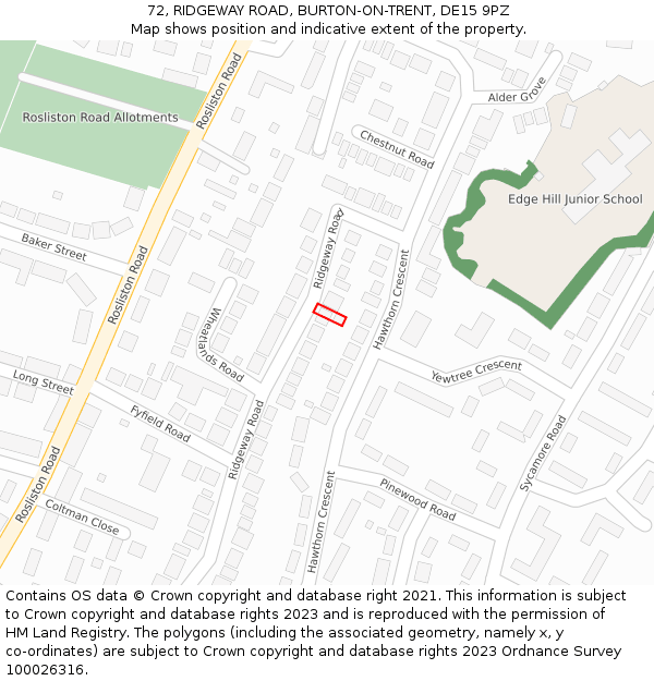 72, RIDGEWAY ROAD, BURTON-ON-TRENT, DE15 9PZ: Location map and indicative extent of plot
