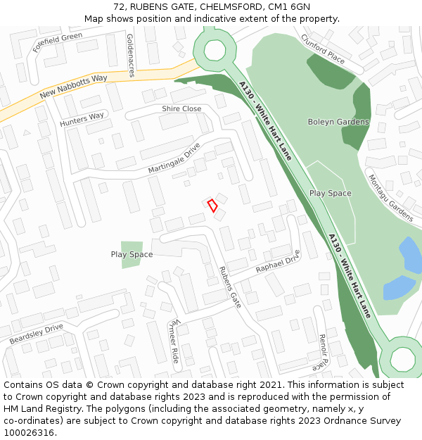 72, RUBENS GATE, CHELMSFORD, CM1 6GN: Location map and indicative extent of plot