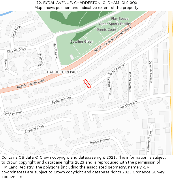 72, RYDAL AVENUE, CHADDERTON, OLDHAM, OL9 0QX: Location map and indicative extent of plot