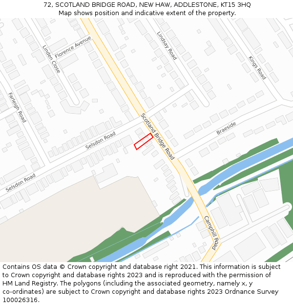 72, SCOTLAND BRIDGE ROAD, NEW HAW, ADDLESTONE, KT15 3HQ: Location map and indicative extent of plot