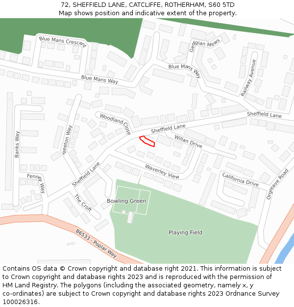72, SHEFFIELD LANE, CATCLIFFE, ROTHERHAM, S60 5TD: Location map and indicative extent of plot