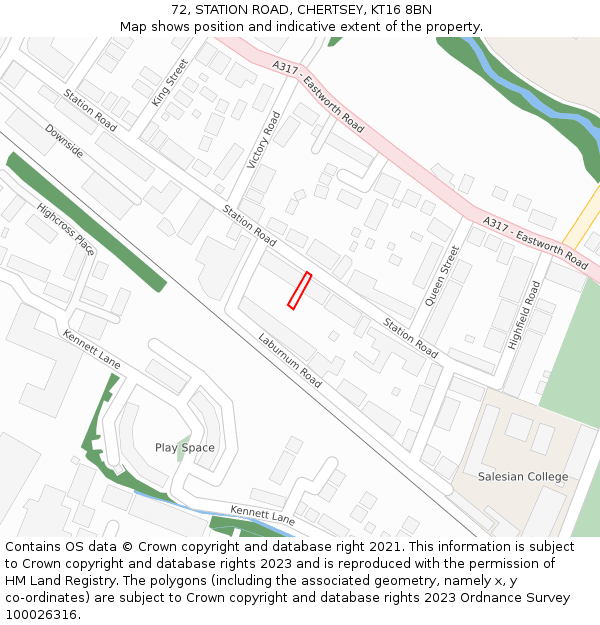 72, STATION ROAD, CHERTSEY, KT16 8BN: Location map and indicative extent of plot