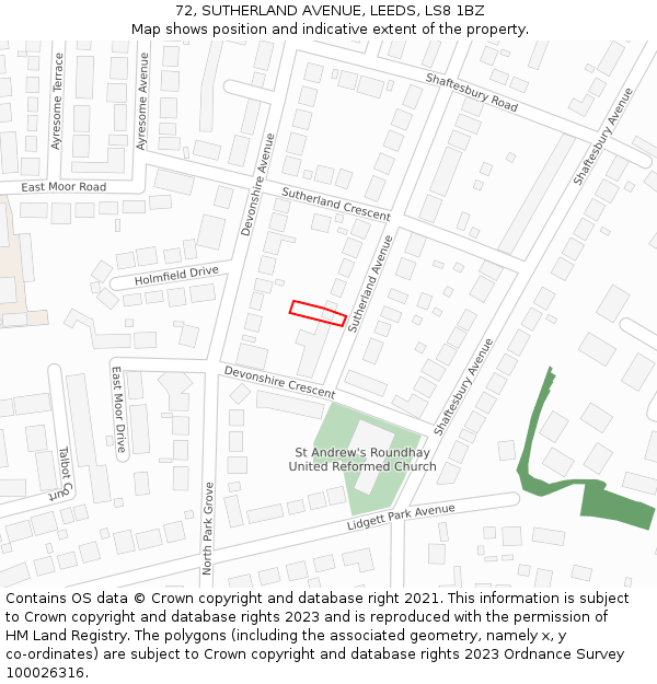 72, SUTHERLAND AVENUE, LEEDS, LS8 1BZ: Location map and indicative extent of plot