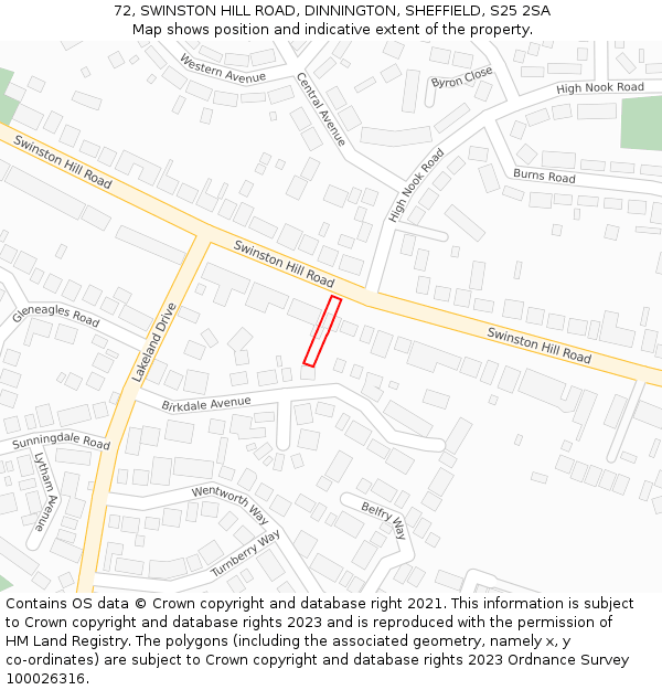 72, SWINSTON HILL ROAD, DINNINGTON, SHEFFIELD, S25 2SA: Location map and indicative extent of plot