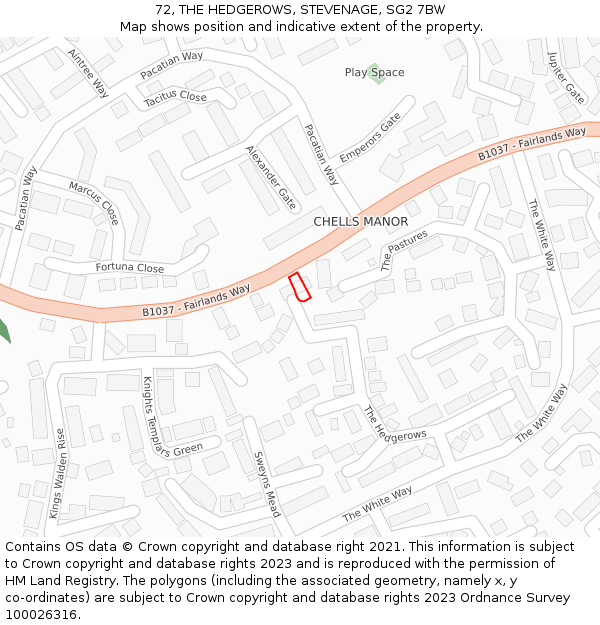 72, THE HEDGEROWS, STEVENAGE, SG2 7BW: Location map and indicative extent of plot