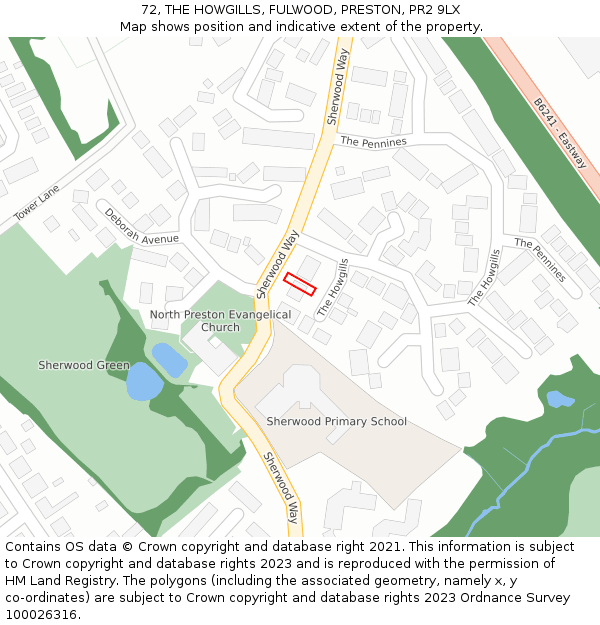 72, THE HOWGILLS, FULWOOD, PRESTON, PR2 9LX: Location map and indicative extent of plot