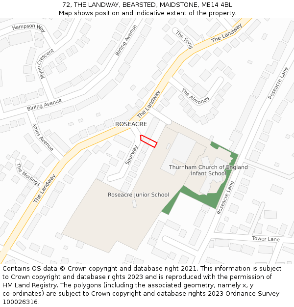 72, THE LANDWAY, BEARSTED, MAIDSTONE, ME14 4BL: Location map and indicative extent of plot