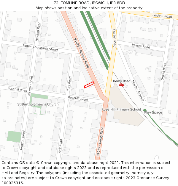 72, TOMLINE ROAD, IPSWICH, IP3 8DB: Location map and indicative extent of plot