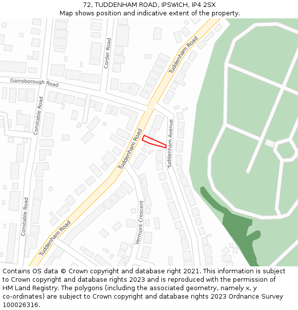 72, TUDDENHAM ROAD, IPSWICH, IP4 2SX: Location map and indicative extent of plot