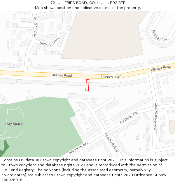 72, ULLERIES ROAD, SOLIHULL, B92 8EE: Location map and indicative extent of plot