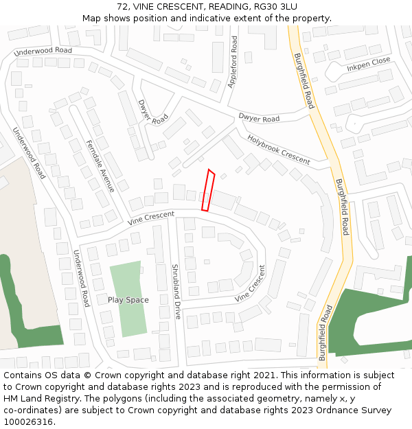 72, VINE CRESCENT, READING, RG30 3LU: Location map and indicative extent of plot