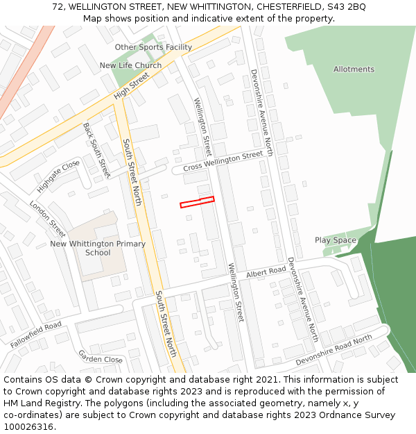 72, WELLINGTON STREET, NEW WHITTINGTON, CHESTERFIELD, S43 2BQ: Location map and indicative extent of plot