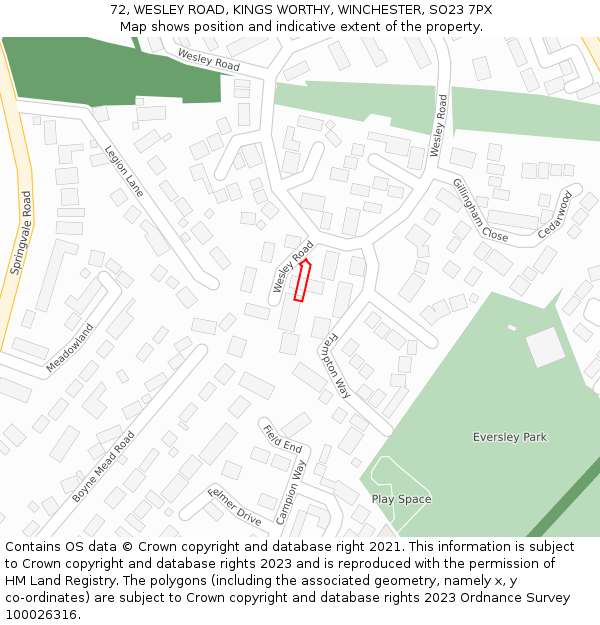 72, WESLEY ROAD, KINGS WORTHY, WINCHESTER, SO23 7PX: Location map and indicative extent of plot