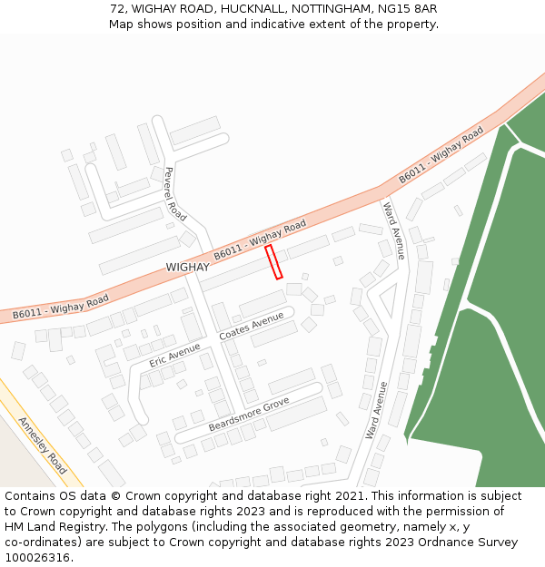 72, WIGHAY ROAD, HUCKNALL, NOTTINGHAM, NG15 8AR: Location map and indicative extent of plot