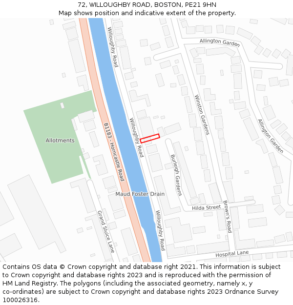 72, WILLOUGHBY ROAD, BOSTON, PE21 9HN: Location map and indicative extent of plot