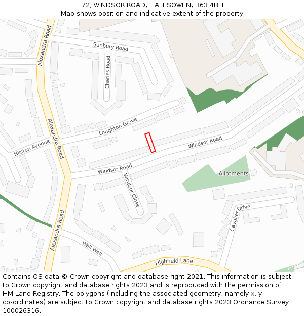 72, WINDSOR ROAD, HALESOWEN, B63 4BH: Location map and indicative extent of plot