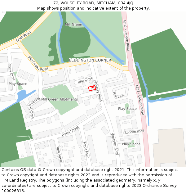72, WOLSELEY ROAD, MITCHAM, CR4 4JQ: Location map and indicative extent of plot