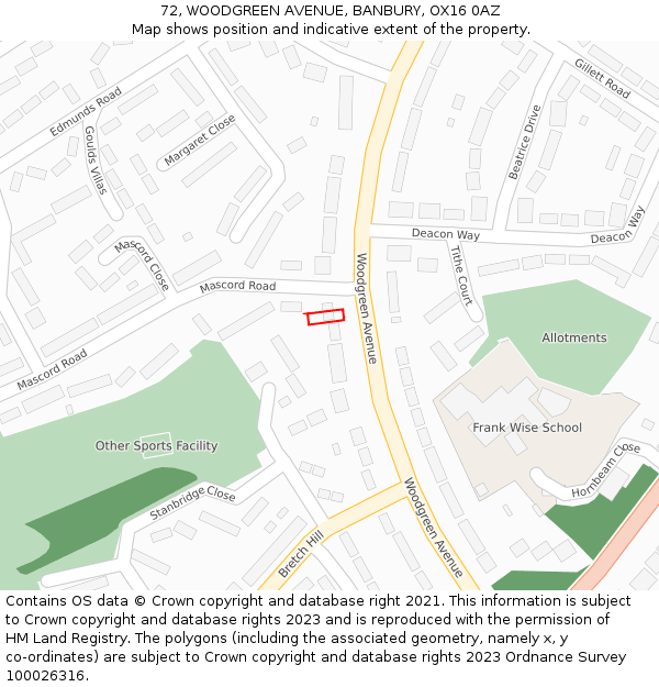 72, WOODGREEN AVENUE, BANBURY, OX16 0AZ: Location map and indicative extent of plot