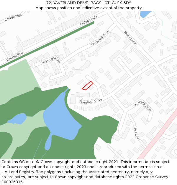 72, YAVERLAND DRIVE, BAGSHOT, GU19 5DY: Location map and indicative extent of plot