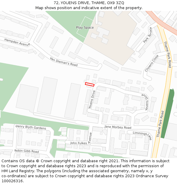 72, YOUENS DRIVE, THAME, OX9 3ZQ: Location map and indicative extent of plot