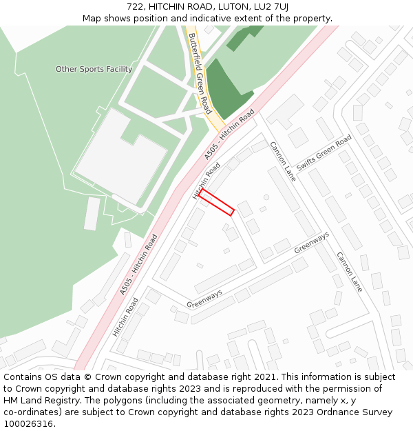 722, HITCHIN ROAD, LUTON, LU2 7UJ: Location map and indicative extent of plot