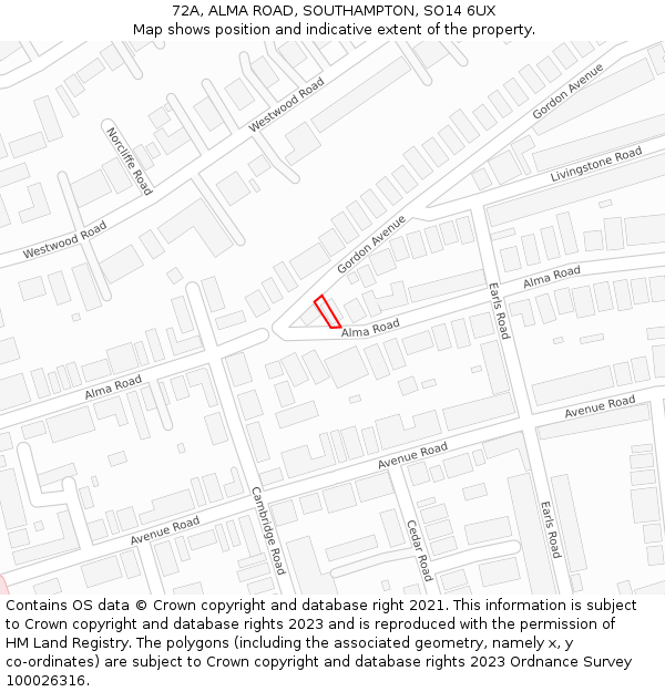 72A, ALMA ROAD, SOUTHAMPTON, SO14 6UX: Location map and indicative extent of plot