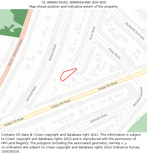 73, ARRAN ROAD, BIRMINGHAM, B34 6DD: Location map and indicative extent of plot