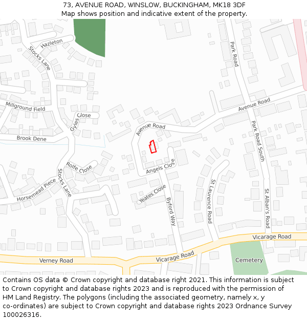 73, AVENUE ROAD, WINSLOW, BUCKINGHAM, MK18 3DF: Location map and indicative extent of plot