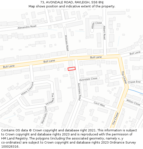 73, AVONDALE ROAD, RAYLEIGH, SS6 8NJ: Location map and indicative extent of plot