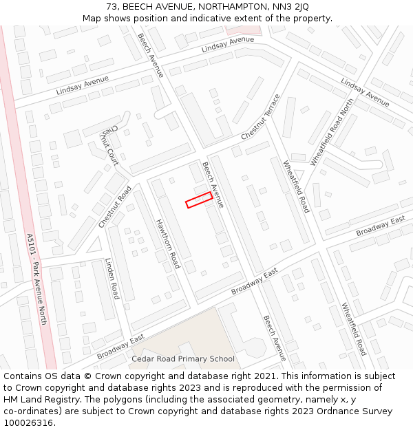 73, BEECH AVENUE, NORTHAMPTON, NN3 2JQ: Location map and indicative extent of plot