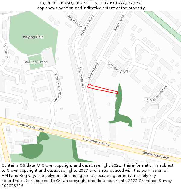 73, BEECH ROAD, ERDINGTON, BIRMINGHAM, B23 5QJ: Location map and indicative extent of plot