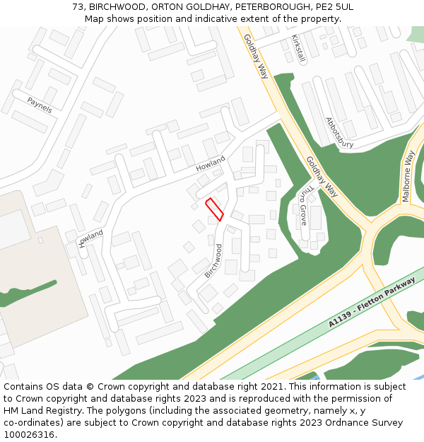 73, BIRCHWOOD, ORTON GOLDHAY, PETERBOROUGH, PE2 5UL: Location map and indicative extent of plot