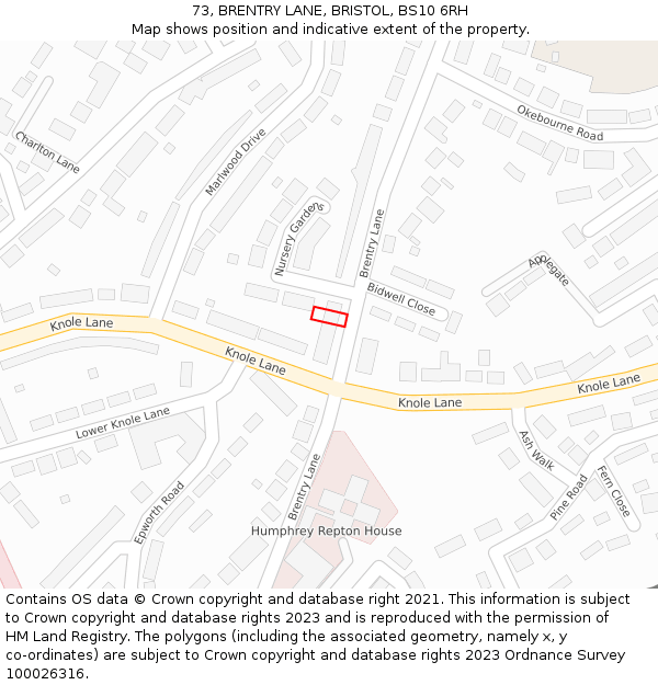 73, BRENTRY LANE, BRISTOL, BS10 6RH: Location map and indicative extent of plot