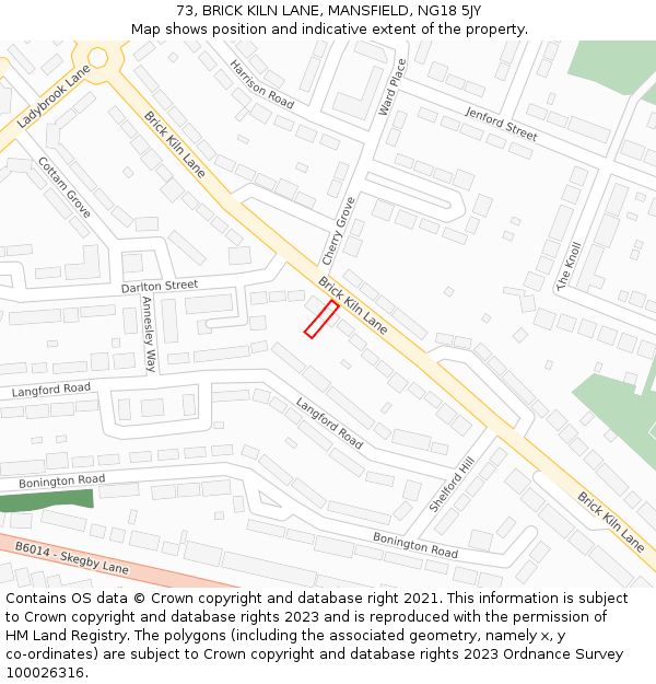 73, BRICK KILN LANE, MANSFIELD, NG18 5JY: Location map and indicative extent of plot