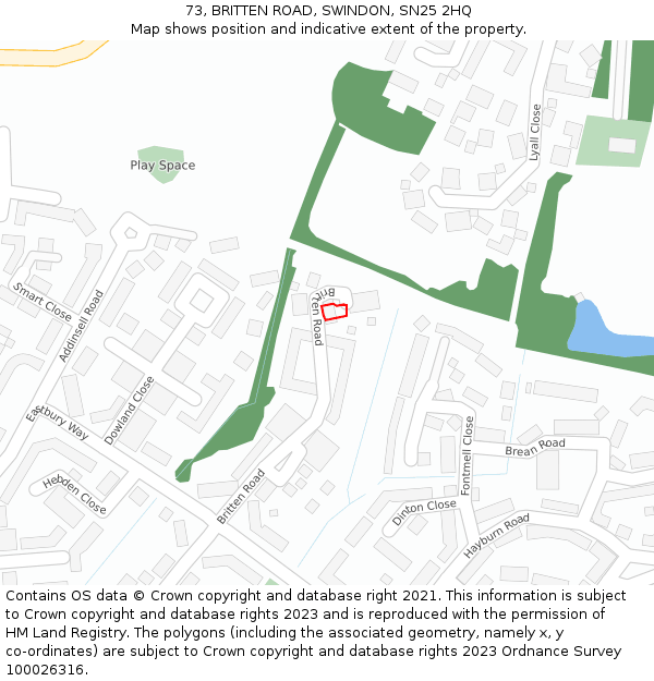 73, BRITTEN ROAD, SWINDON, SN25 2HQ: Location map and indicative extent of plot