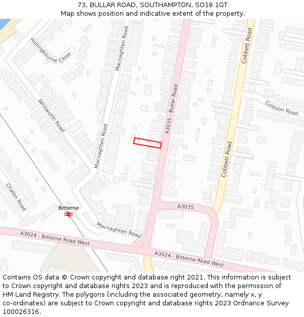 73, BULLAR ROAD, SOUTHAMPTON, SO18 1GT: Location map and indicative extent of plot