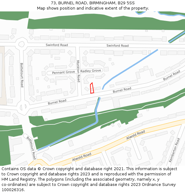73, BURNEL ROAD, BIRMINGHAM, B29 5SS: Location map and indicative extent of plot