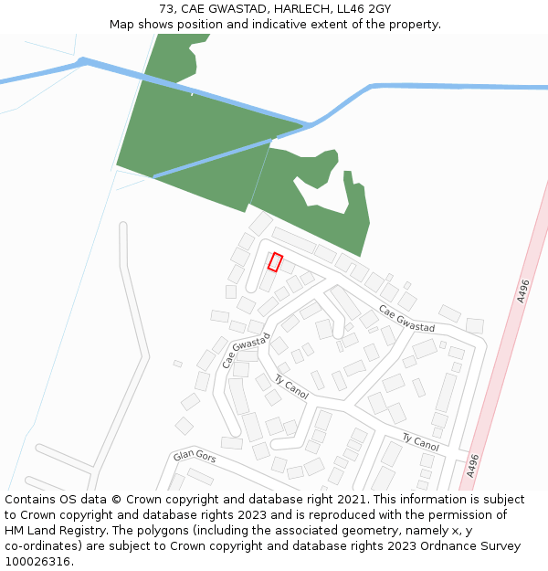 73, CAE GWASTAD, HARLECH, LL46 2GY: Location map and indicative extent of plot