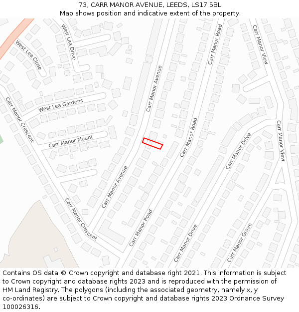73, CARR MANOR AVENUE, LEEDS, LS17 5BL: Location map and indicative extent of plot