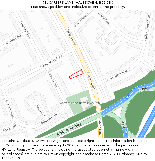 73, CARTERS LANE, HALESOWEN, B62 0BX: Location map and indicative extent of plot