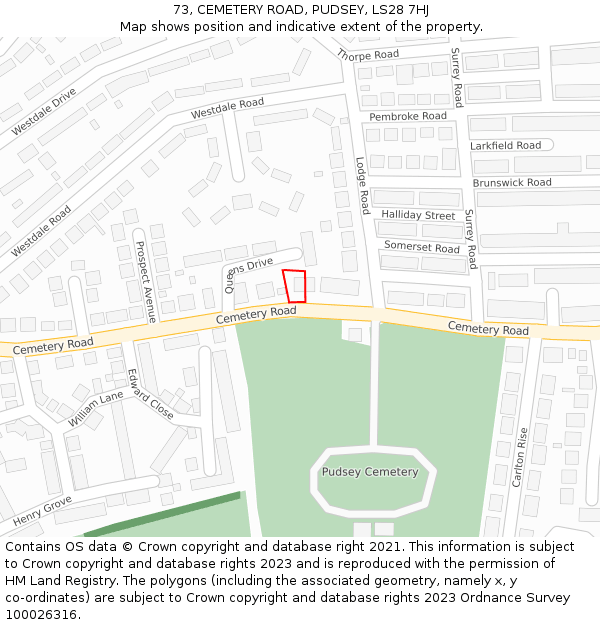73, CEMETERY ROAD, PUDSEY, LS28 7HJ: Location map and indicative extent of plot