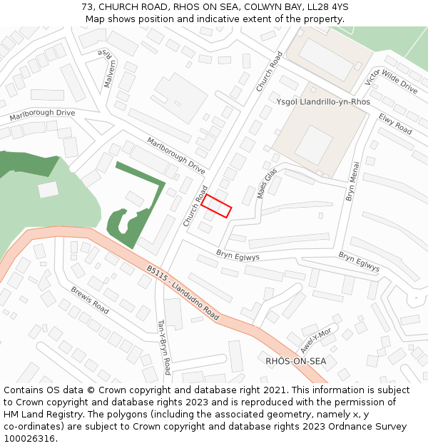 73, CHURCH ROAD, RHOS ON SEA, COLWYN BAY, LL28 4YS: Location map and indicative extent of plot