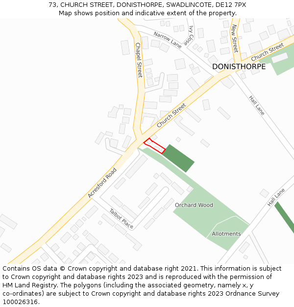 73, CHURCH STREET, DONISTHORPE, SWADLINCOTE, DE12 7PX: Location map and indicative extent of plot