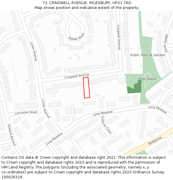 73, CRAIGWELL AVENUE, AYLESBURY, HP21 7AG: Location map and indicative extent of plot