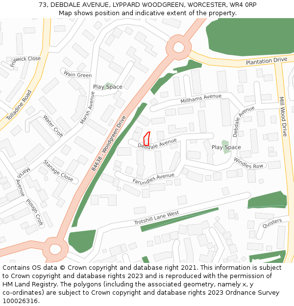 73, DEBDALE AVENUE, LYPPARD WOODGREEN, WORCESTER, WR4 0RP: Location map and indicative extent of plot