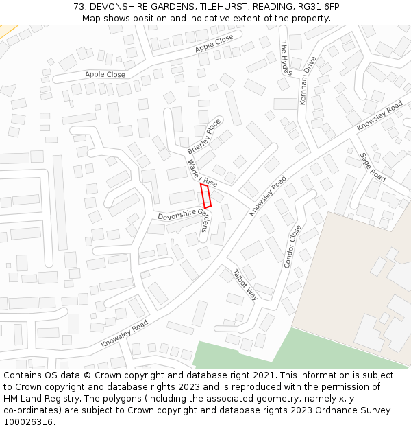 73, DEVONSHIRE GARDENS, TILEHURST, READING, RG31 6FP: Location map and indicative extent of plot