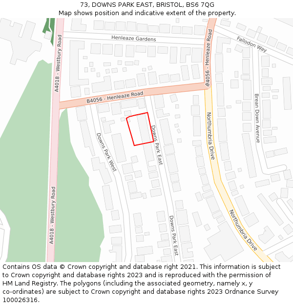 73, DOWNS PARK EAST, BRISTOL, BS6 7QG: Location map and indicative extent of plot