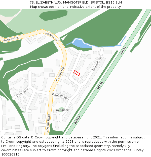 73, ELIZABETH WAY, MANGOTSFIELD, BRISTOL, BS16 9LN: Location map and indicative extent of plot